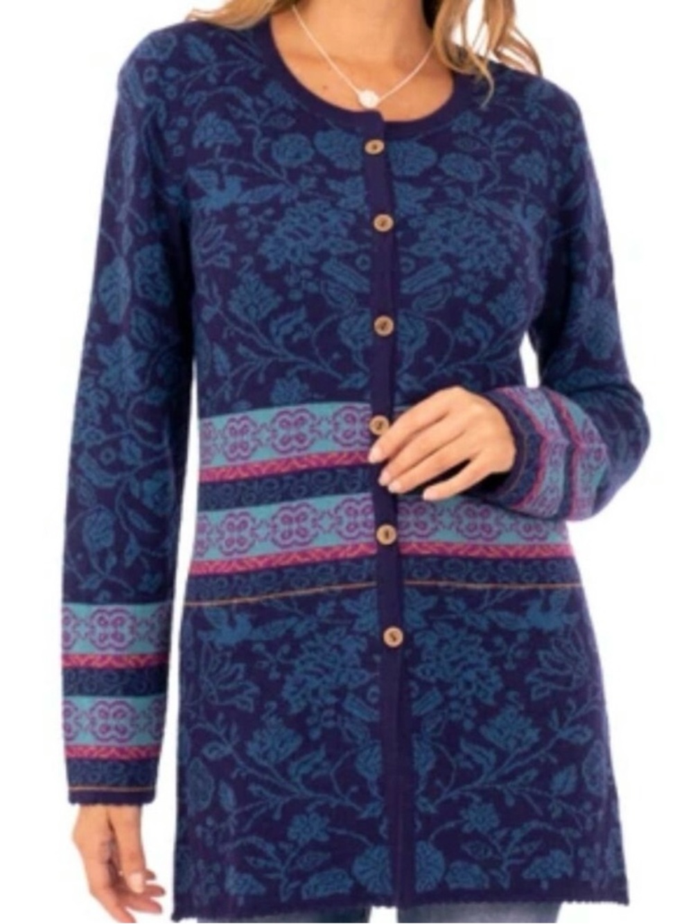 Novica 100% Baby Alpaca Romantic Nature in Indigo" Button Front Long Cardigan - Picture 2 of 10